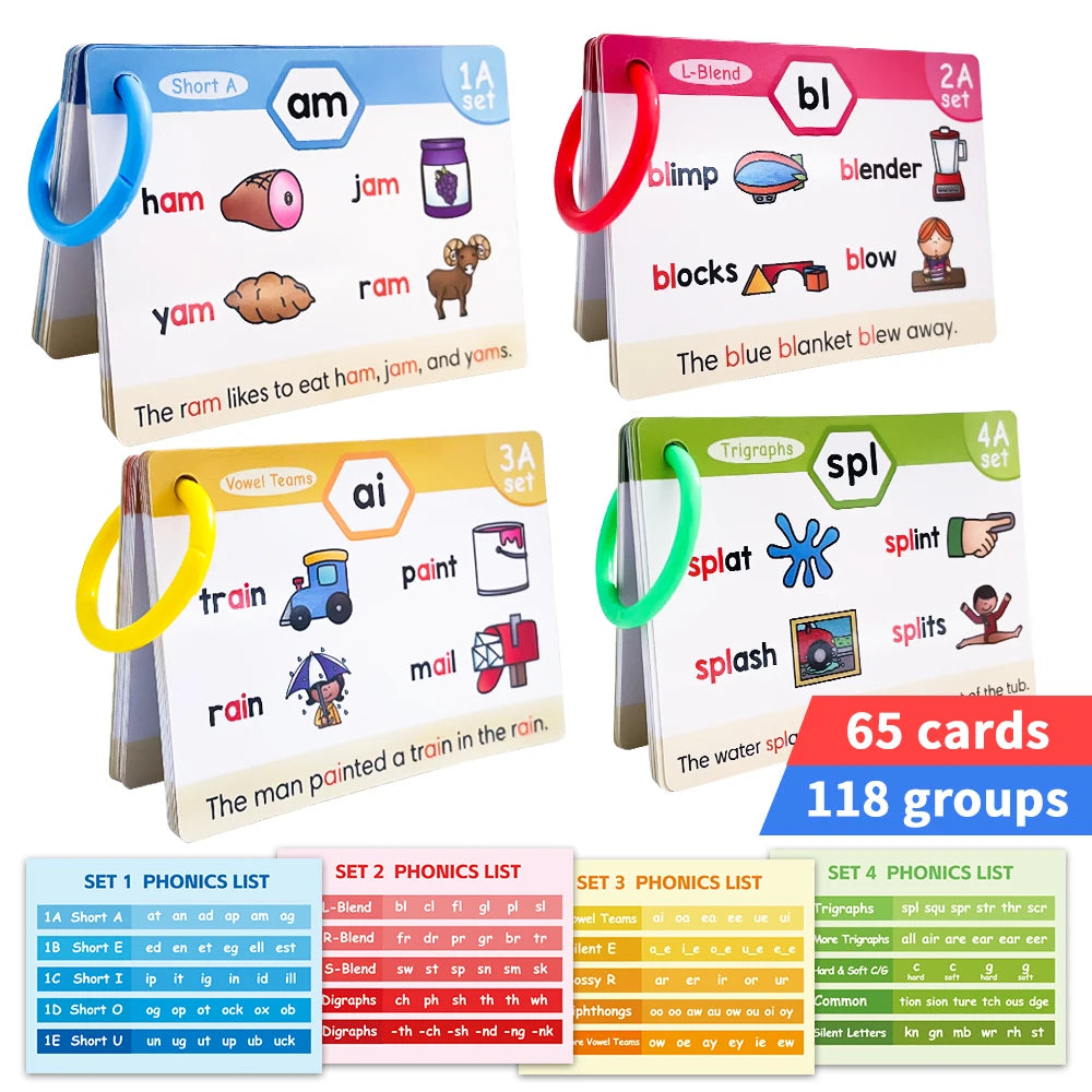 65Pcs Phonics Flashcards Set Toys